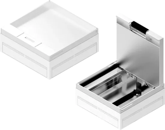 Зображення Коробка оцинкована з блокуванням відкривання та кришкою з нержавіючої сталі для підлогової кабельної каналізації POKZ205H110WE (232031)